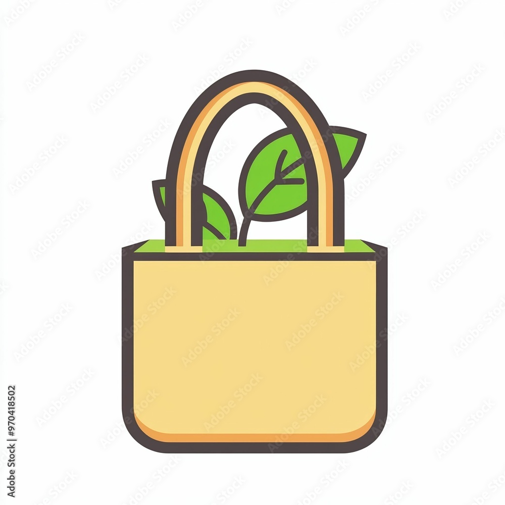 The design shows a tan shopping bag with green leaves emerging from the top, representing environmentally conscious consumer habits and sustainability The design shows a tan shopping bag with green leaves emerging from the top, representing environmentally conscious consumer habits and sustainability
