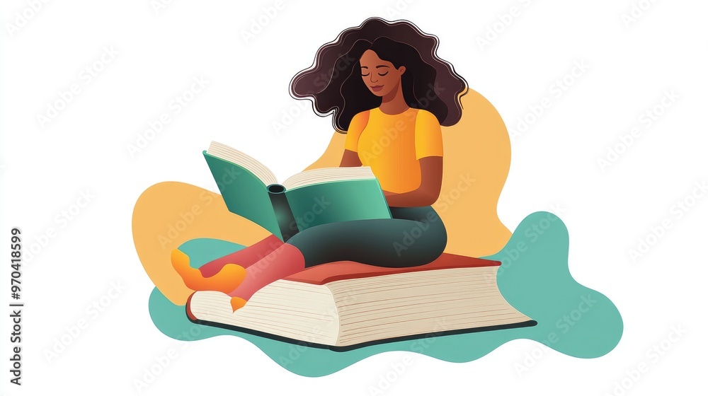 Isolated flat vector of a woman in paper style reading a book, symbolizing the online library and education concept, no logo, white background. Isolated flat vector of a woman in paper style reading a book, symbolizing the online library and education concept, no logo, white background.