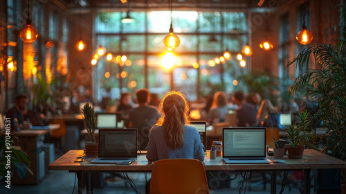 Modern Office Sunset Glow: A captivating image of a woman working on her laptop in a modern office space with warm sunset light streaming through large windows. The image captures a sense of focus, pr