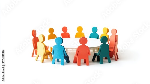 Illustration of paper people in a business meeting, emphasizing digital learning through libraries, no people, white background, no logo.