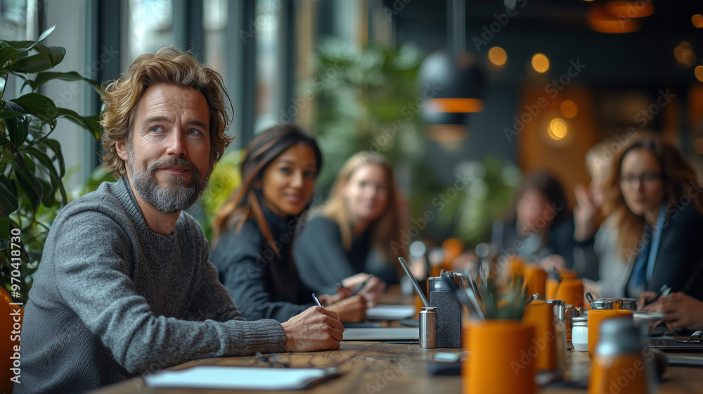 Business Meeting: Thoughtful Leader at a Modern Workspace - A charismatic leader gazes thoughtfully at a diverse team of colleagues, creating a captivating image of collaboration and strategic discuss
