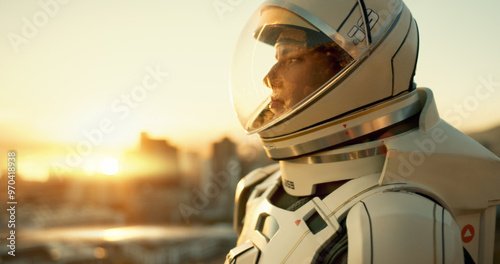 Tableau sur toile Astronaut, woman and thinking in city for future, planet dystopia and spacesuit of aerospace mission