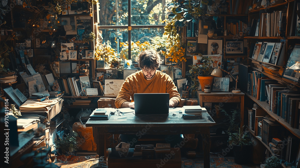 Literary Sanctuary: A writer engrossed in their craft, bathed in the warm glow of a sun-drenched library, surrounded by stacks of books and the tranquility of nature. Literary Sanctuary: A writer engrossed in their craft, bathed in the warm glow of a sun-drenched library, surrounded by stacks of books and the tranquility of nature.