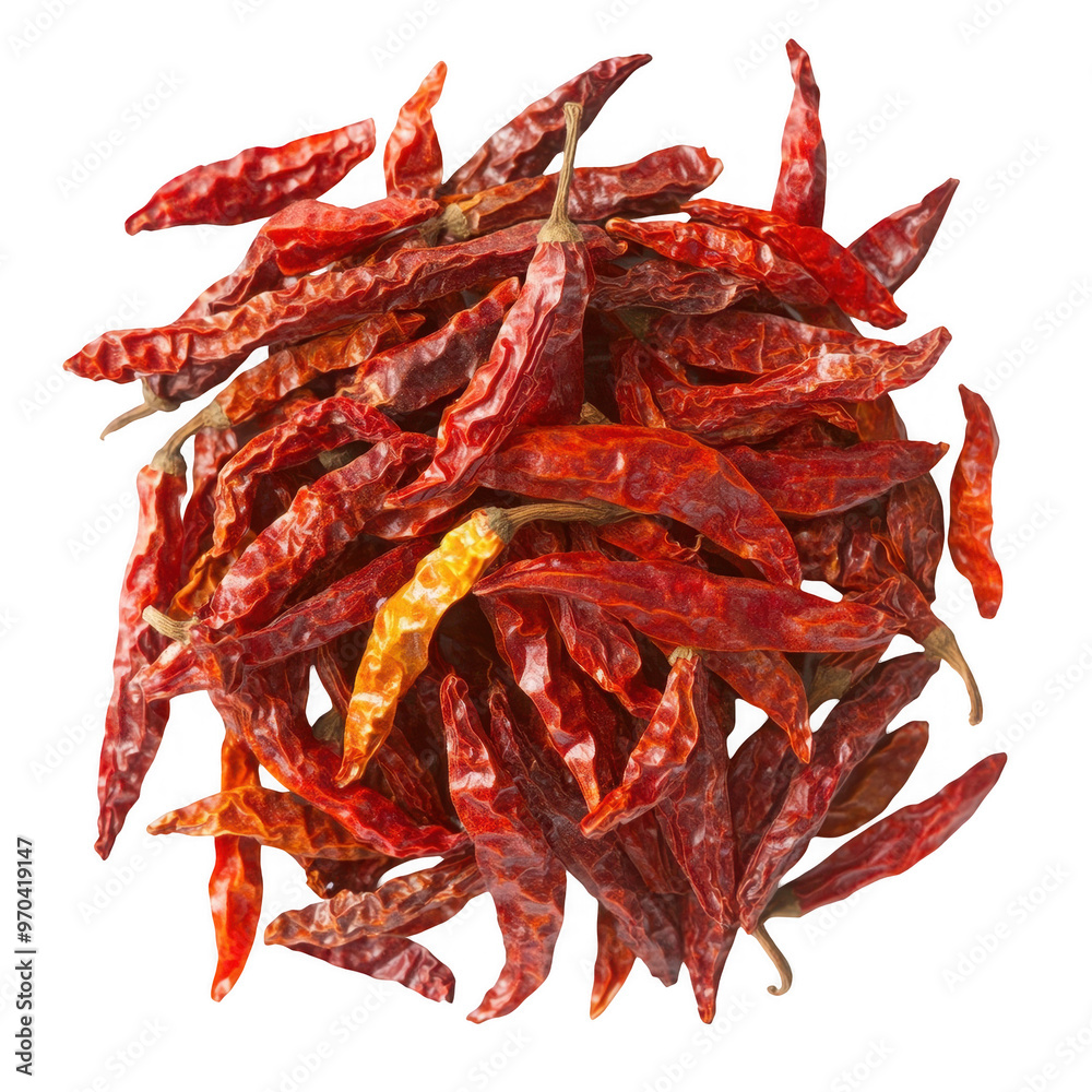 A pile of dried red chili peppers, commonly used for spice in cooking. A pile of dried red chili peppers, commonly used for spice in cooking.