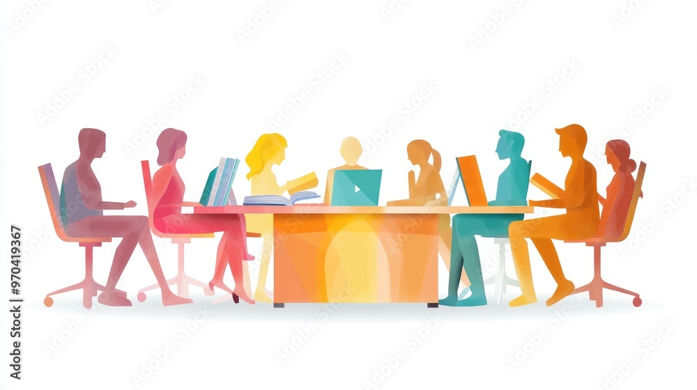 Minimalist vector of paper people figures in a collaborative meeting, concept of online library education, isolated on white, no logo. Minimalist vector of paper people figures in a collaborative meeting, concept of online library education, isolated on white, no logo.