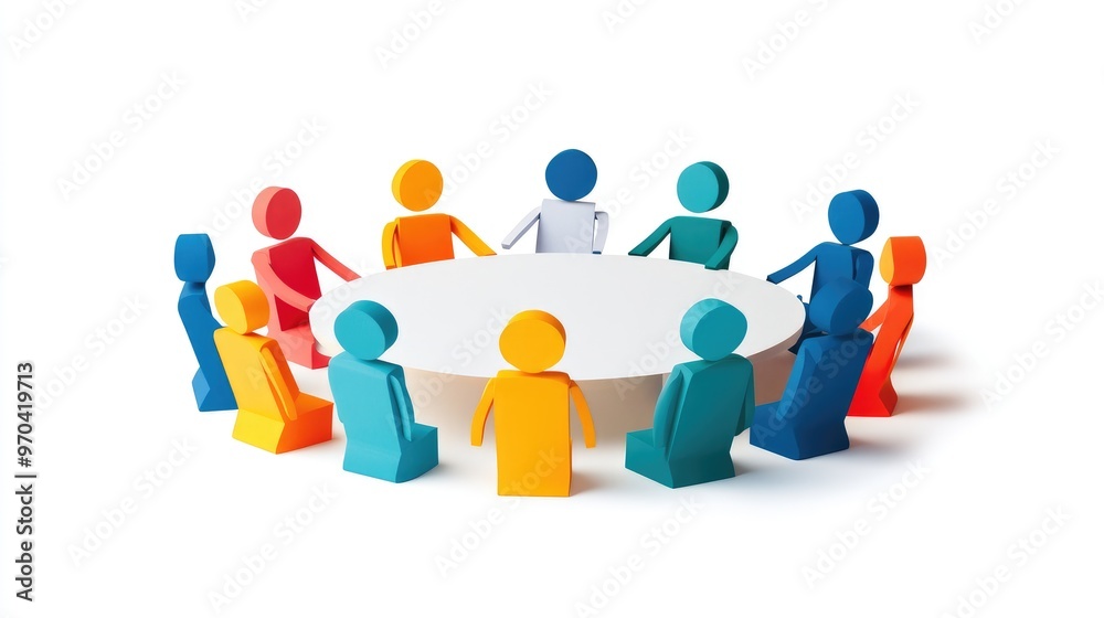 Paper people figures around a meeting table, symbolizing online library access and education themes, flat vector, white background, no logos. Paper people figures around a meeting table, symbolizing online library access and education themes, flat vector, white background, no logos.