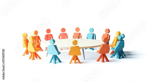 Paper people figures around a conference table, concept of digital education and online library access, no logos, isolated flat vector, white background.