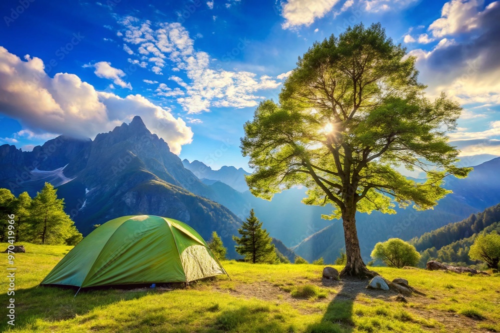 A green tent is set up in a grassy field with a tree in the background A green tent is set up in a grassy field with a tree in the background