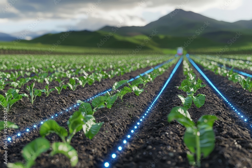 Obraz premium A digital twin of an agricultural field with virtual models of crops, irrigation systems, and soil health. The visualization, Generative AI