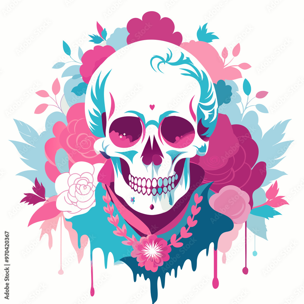 Colorful skull surrounded by flowers in a modern and artistic style Colorful skull surrounded by flowers in a modern and artistic style