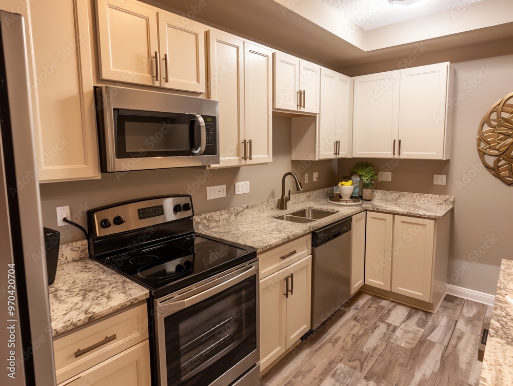 Fototapeta premium Kitchen with smart microwave, modern appliances, and efficient layout