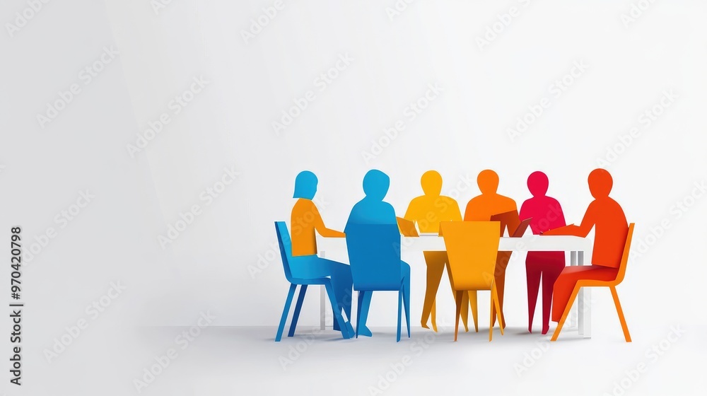 Vector art of paper people engaged in a business meeting, concept of online library and education, flat design, white background, no logos. Vector art of paper people engaged in a business meeting, concept of online library and education, flat design, white background, no logos.