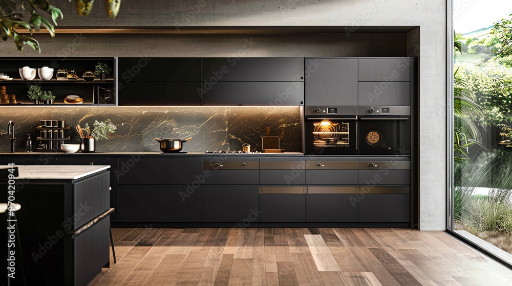 Kitchen with smart oven, sleek design, and efficient layout Kitchen with smart oven, sleek design, and efficient layout