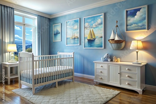 A blue room with a white crib and a chair