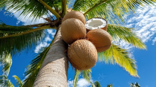 A grove of market-ready coconuts trees (Cocos nucifera), with fruit ready for picking