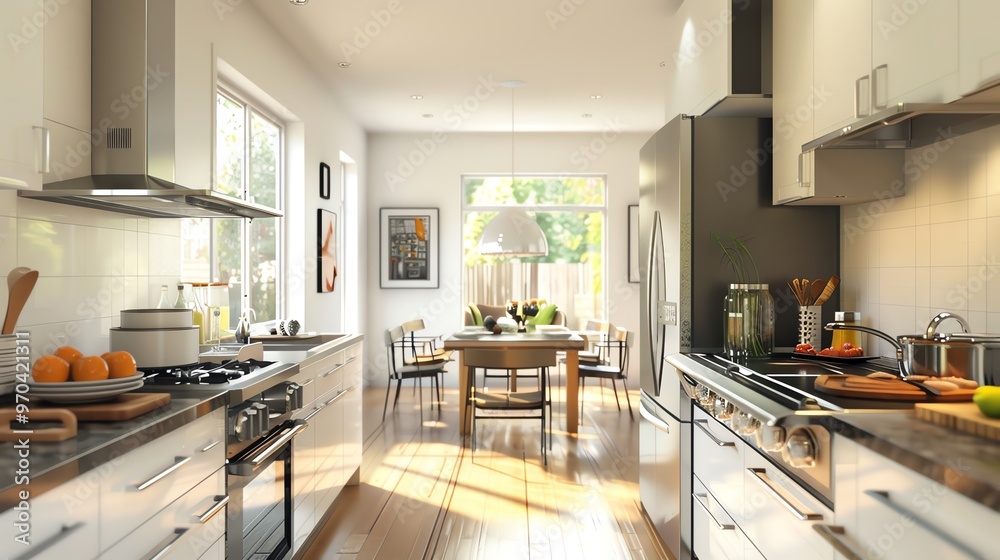 Fototapeta premium Kitchen with smart stove, modern appliances, and bright layout