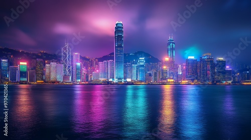 Vibrant cityscape at night with colorful reflections in the water.