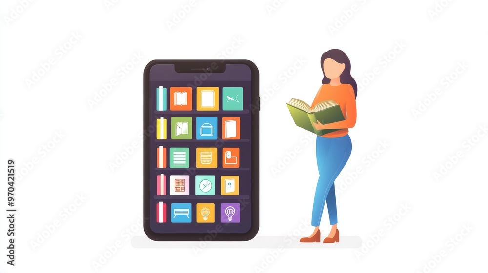 Woman paper figure reading a book beside a smartphone screen with digital library app icons. Flat vector style, no people, white background.