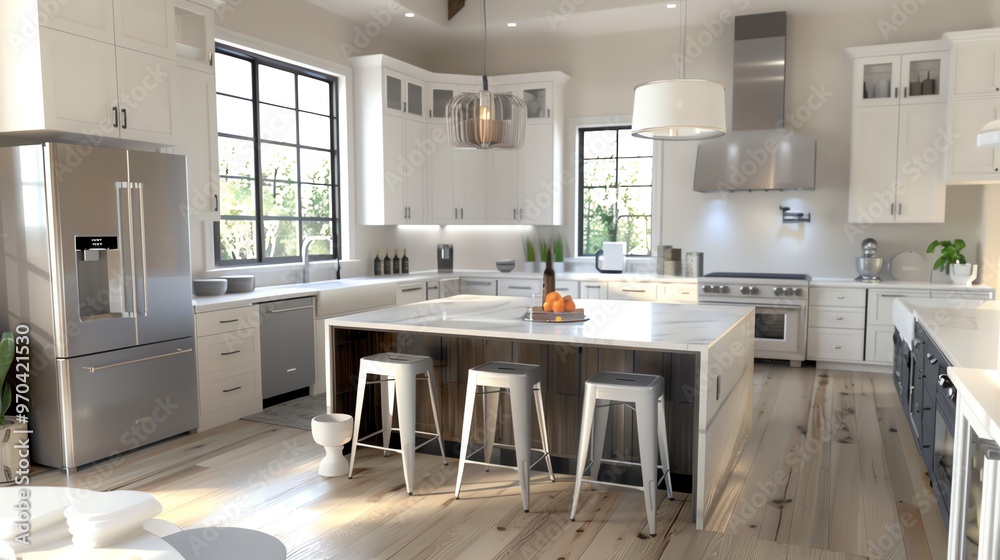 Fototapeta premium Kitchen with smart trash can, beautiful design, and functional layout