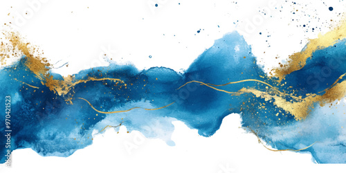 Abstract blue and gold painting on a white background