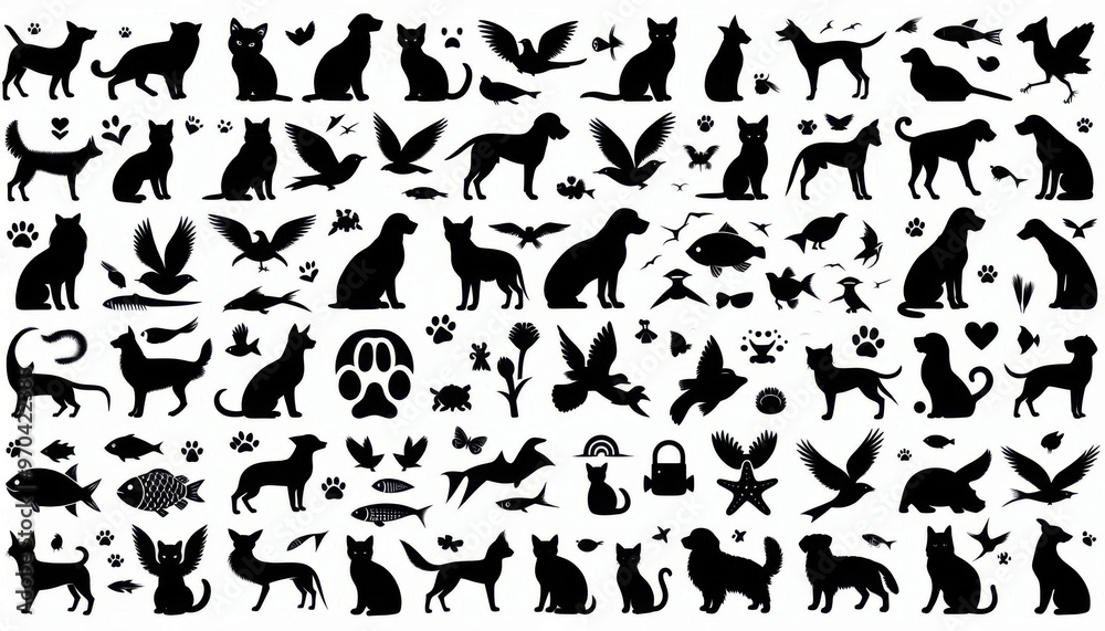 Naklejka premium A set of animal silhouette icons including cats, dogs, birds, and fish,