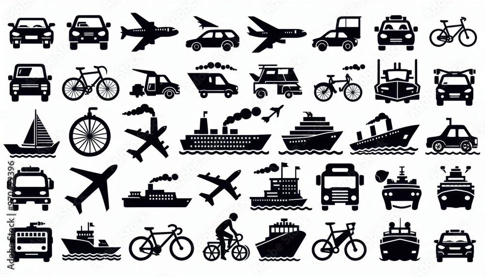 Silhouette icons of various transportation Silhouette icons of various transportation