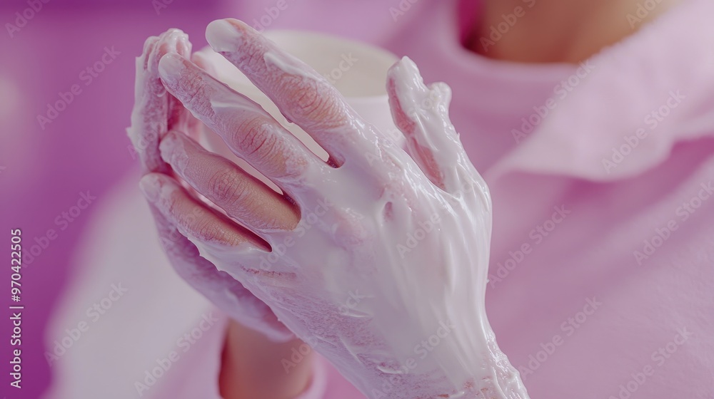 Close-up of hands covered in white foam, a pink background is out of focus. Close-up of hands covered in white foam, a pink background is out of focus.