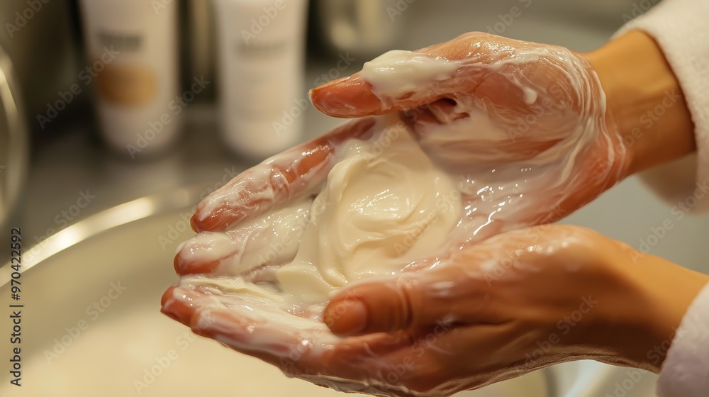 Close-up of hands cupping a dollop of creamy white soap suds. A simple concept of cleanliness and hygiene. Close-up of hands cupping a dollop of creamy white soap suds. A simple concept of cleanliness and hygiene.