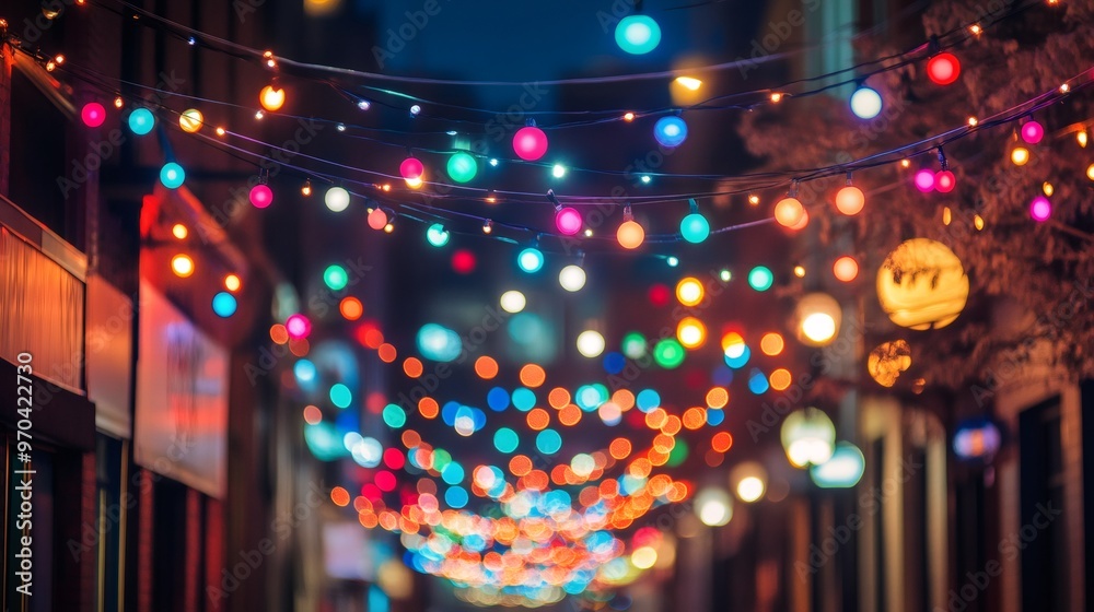Colorful bokeh lights strung across a city street at night. Colorful bokeh lights strung across a city street at night.