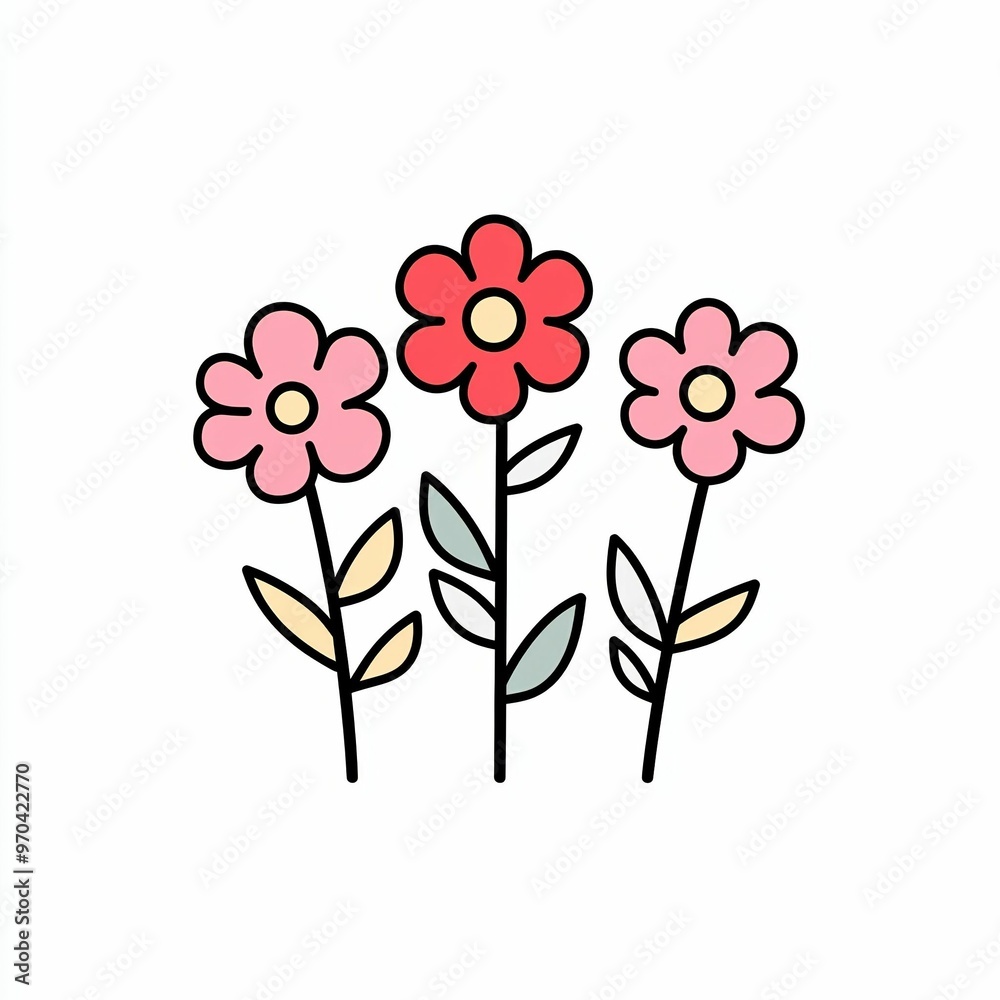 A trio of colorful flowers in pink and red, with simple outlines and green leaves, stands together against a plain background showcasing their vibrant design