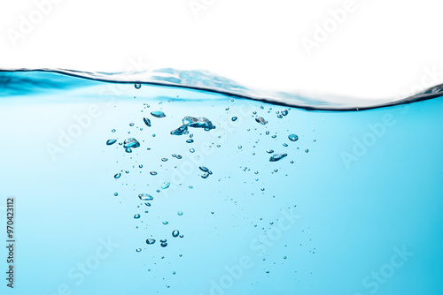 Air Bubbles Float Up Under Water. Water Splashing. Water Wave, Oxygen Relaxation. Blue Water Textured on White Background.