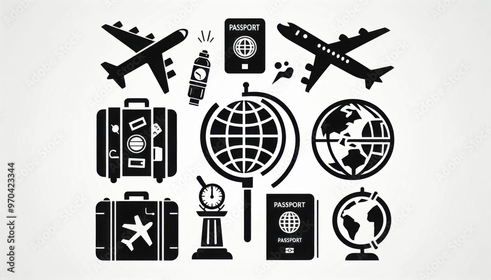 A set of travel-themed silhouette icons including an airplane, suitcase, passport, and globe A set of travel-themed silhouette icons including an airplane, suitcase, passport, and globe