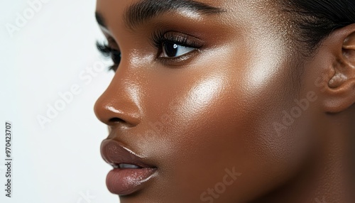 Close-up profile of a woman with glowing skin and a soft, natural makeup look.