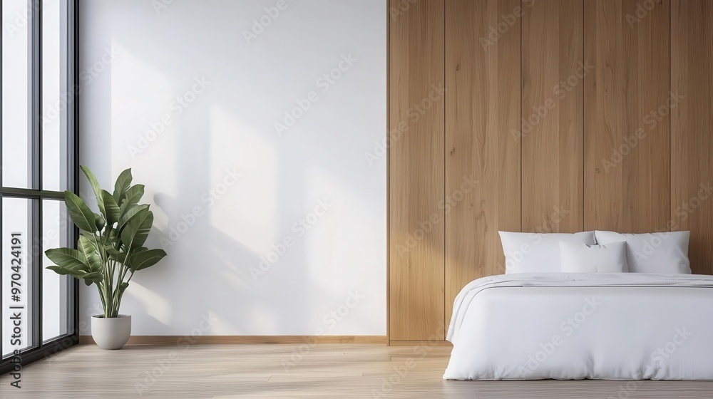 A minimalist bedroom with a solid wood wardrobe, clean white bedding, and soft natural light from the window, Photorealistic, Serene and cozy A minimalist bedroom with a solid wood wardrobe, clean white bedding, and soft natural light from the window, Photorealistic, Serene and cozy