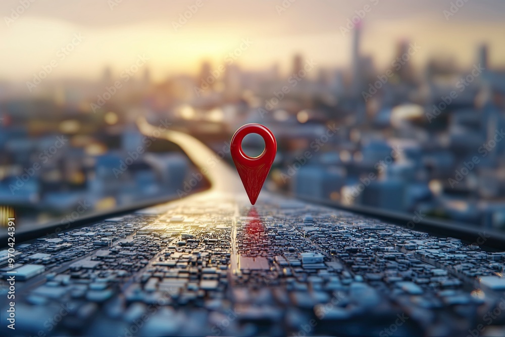 Close-up of a red map pin on the modern road leading to modern big city. 3D Illustration , ai Close-up of a red map pin on the modern road leading to modern big city. 3D Illustration , ai