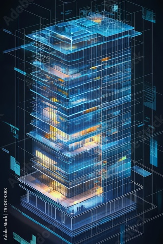 A digital twin of a high-rise office building with interactive elements showing floor plans, occupancy levels, and energy, Generative AI