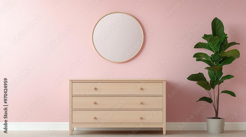 Fototapeta premium A bedroom with a solid wood dresser, soft pastel decor, and a minimalist round mirror above, Photorealistic, Warm and serene