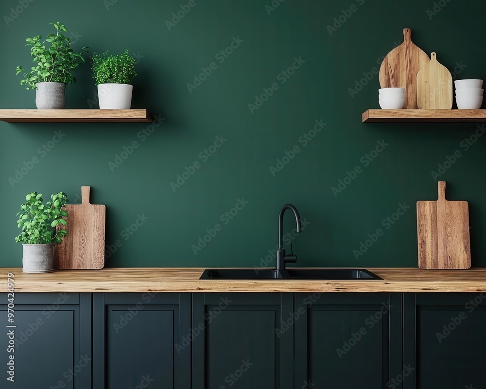 Obraz premium A modern kitchen with solid wood countertops, minimalist black cabinetry, and open shelving, 3D rendering, Sleek and warm