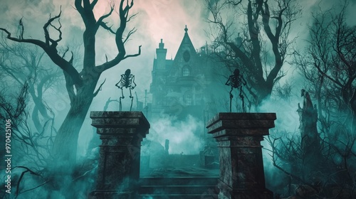 A creepy podium surrounded by haunted trees, skeletal figures, and eerie mist with a haunted mansion looming in the background photo