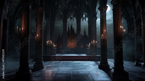 A vampire-themed podium with towering gothic columns, a dark red carpet, and bats swirling around a haunted castle