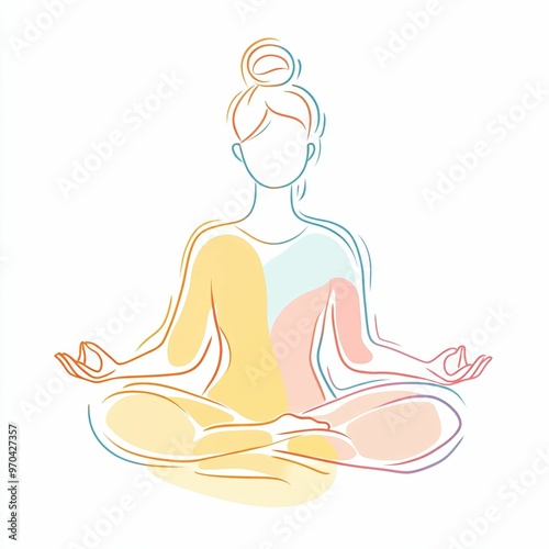A person sits cross-legged in a peaceful pose, practicing meditation with a focus on inner calm and mindfulness, portrayed in a colorful, minimalist design