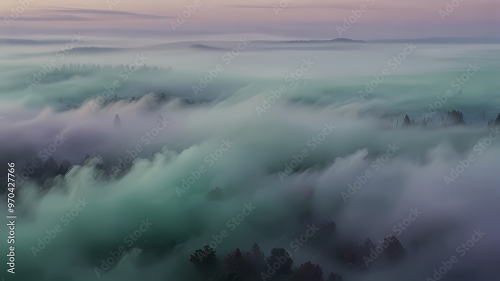 Abstract background of fog swirling in the air, blending with soft pastel colors like lavender, mint green, and sky blue