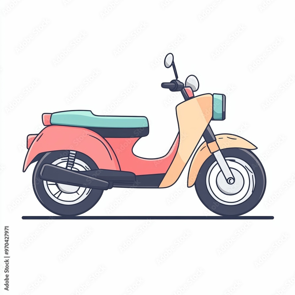 Fototapeta premium The scooter stands still on a clean surface, highlighting its bright colors and simple yet elegant design under the clear sky, ready for a ride