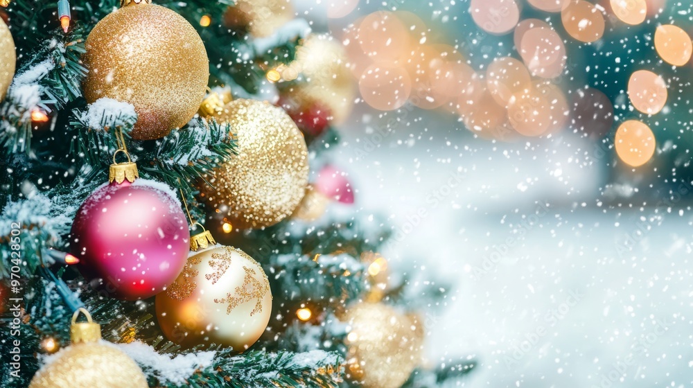 Decorated Christmas tree with ornaments and glowing lights on a snowy street, with festive blur bokeh in the background. Snow is gently falling at twilight. Decorated Christmas tree with ornaments and glowing lights on a snowy street, with festive blur bokeh in the background. Snow is gently falling at twilight.