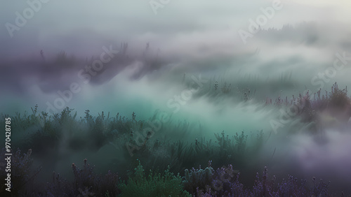 Abstract background of fog swirling in the air, blending with soft pastel colors like lavender, mint green, and sky blue photo