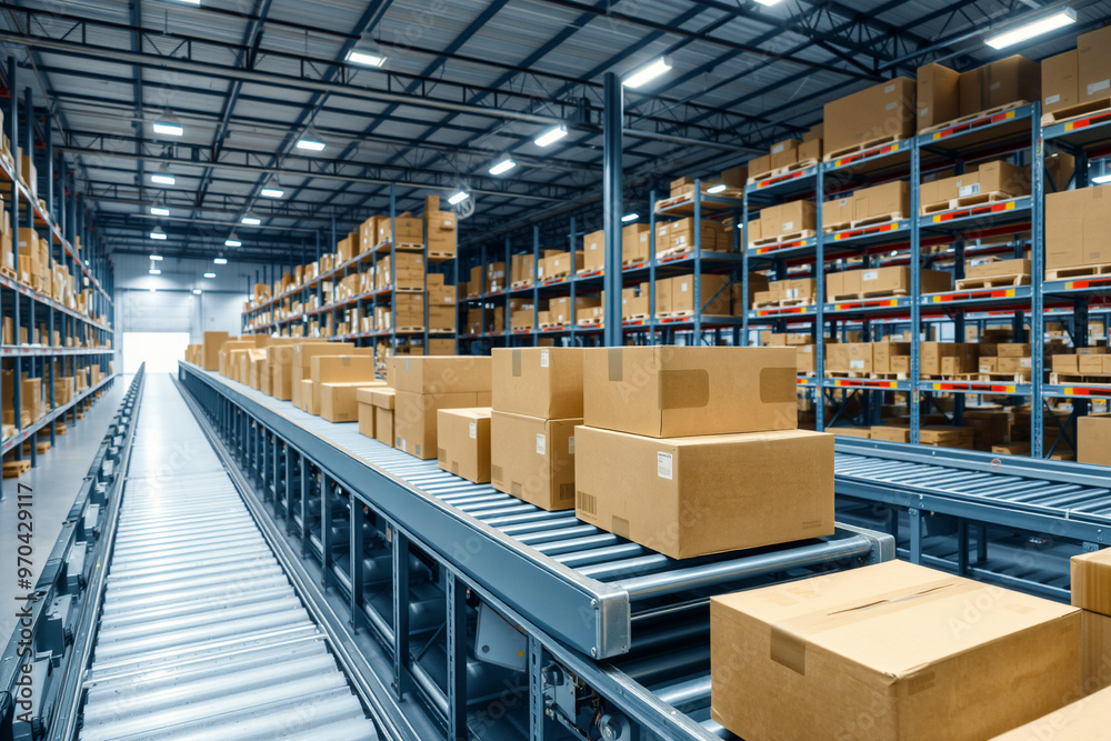 Modern Warehouse with Automated Conveyor Belts and Packed Boxes.generative AI Modern Warehouse with Automated Conveyor Belts and Packed Boxes.generative AI