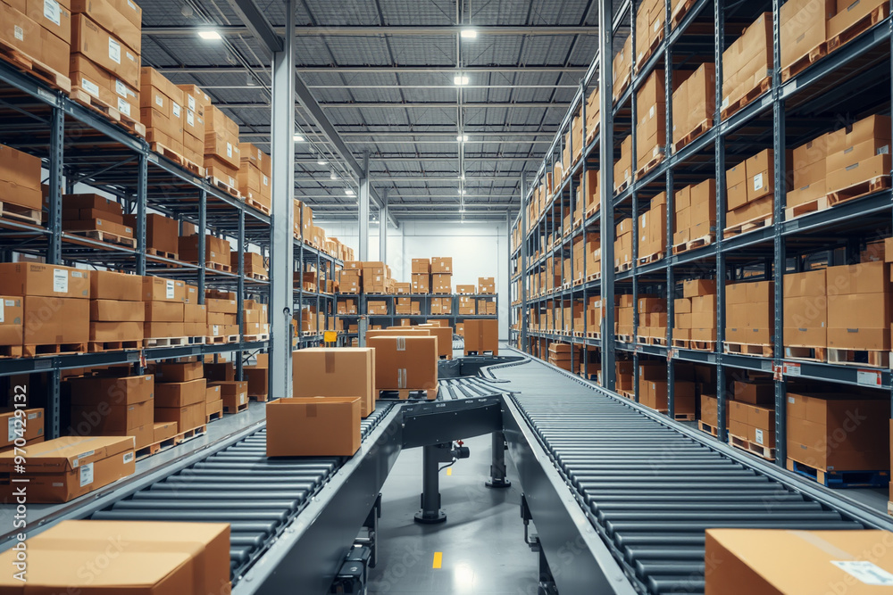 Modern Warehouse with Automated Conveyor Belts and Packed Boxes.generative AI Modern Warehouse with Automated Conveyor Belts and Packed Boxes.generative AI