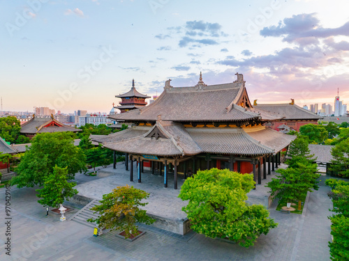 Aerial photography of Huayan Temple in Datong, Shanxi Province on a sunny summer day with blazing clouds photo