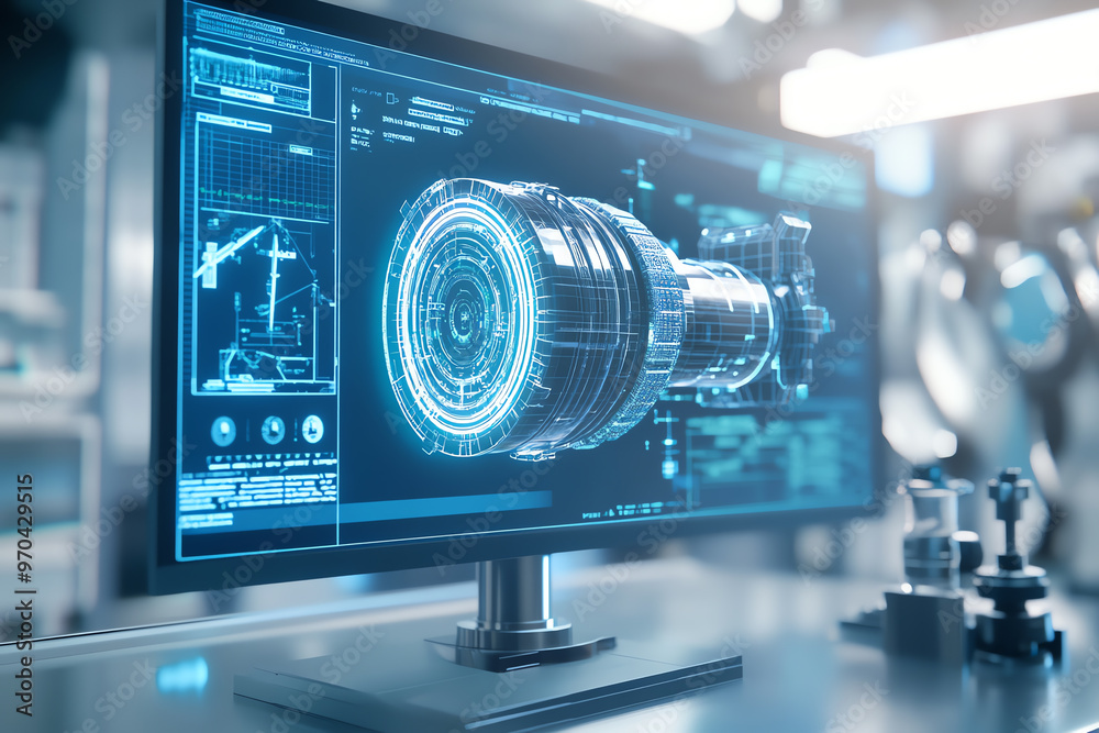 A futuristic computer monitor displays advanced engineering blueprints and data visualization in a high-tech workspace. A futuristic computer monitor displays advanced engineering blueprints and data visualization in a high-tech workspace.