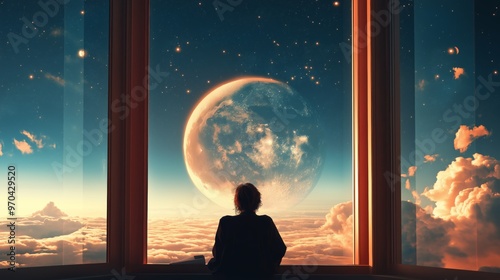 Silhouette of a person looking out of a large window at a giant moon rising above clouds, surrounded by stars. Dreamlike and cosmic exploration concept.